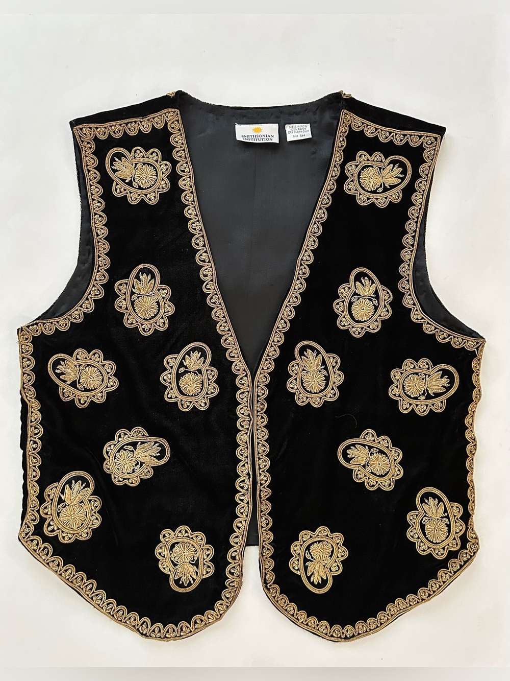 Vintage Smithsonian Institution Black Velvet Gold Embroidered Beaded Vest Size S